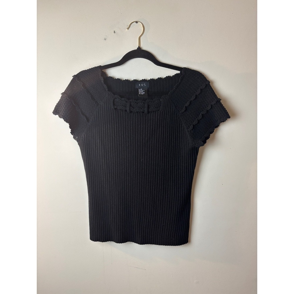 Womens Size M R.Q.T. Ribbed Knit Blouse Top‎ Black Stretch Crochet Detail Y2K